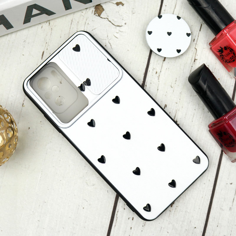 قاب طرحدار محافظ لنزدار کشویی + پاپ سوکت طرح قلب مشکی شیائومی Redmi Note 10 سری B
