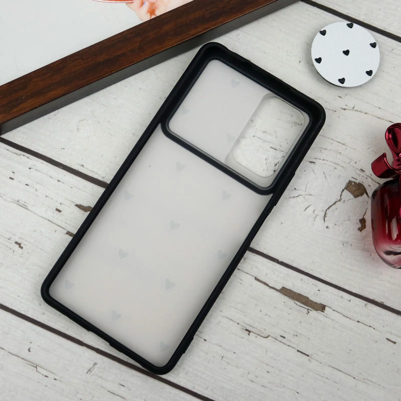 قاب طرحدار محافظ لنزدار کشویی + پاپ سوکت طرح قلب مشکی شیائومی Redmi Note 10 Pro سری B