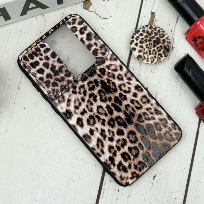 قاب طرحدار محافظ لنزدار کشویی + پاپ سوکت طرح پلنگی شیائومی Redmi Note 8 Pro سری B