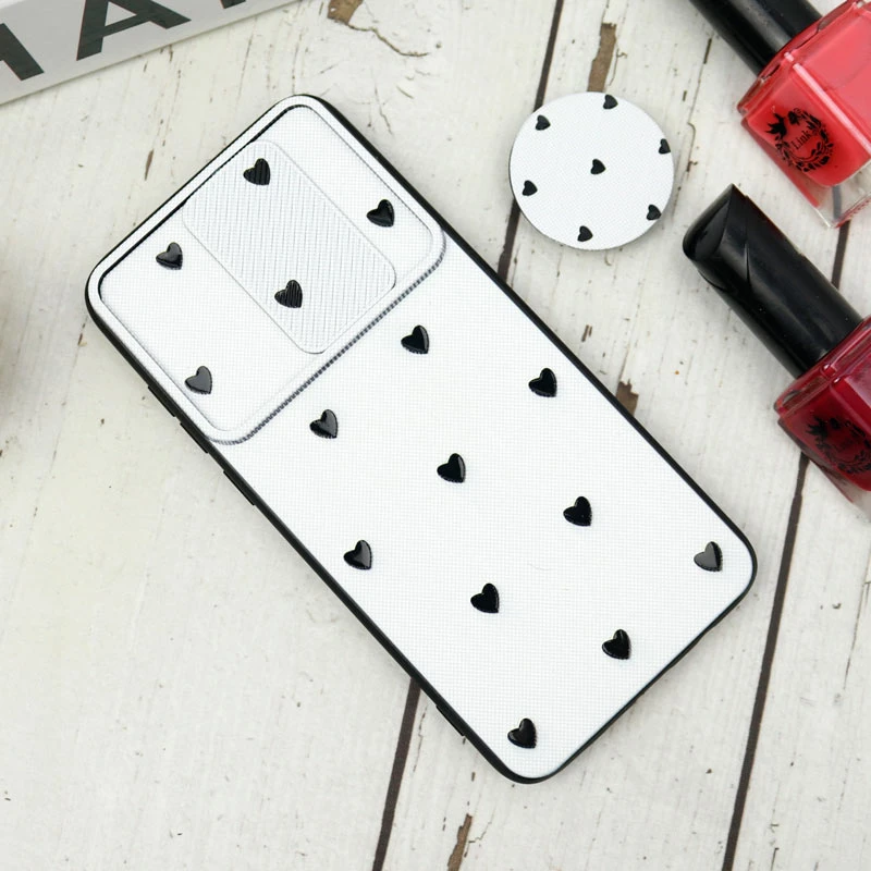 قاب طرحدار محافظ لنزدار کشویی + پاپ سوکت طرح قلب مشکی شیائومی Redmi Note 8 Pro سری B