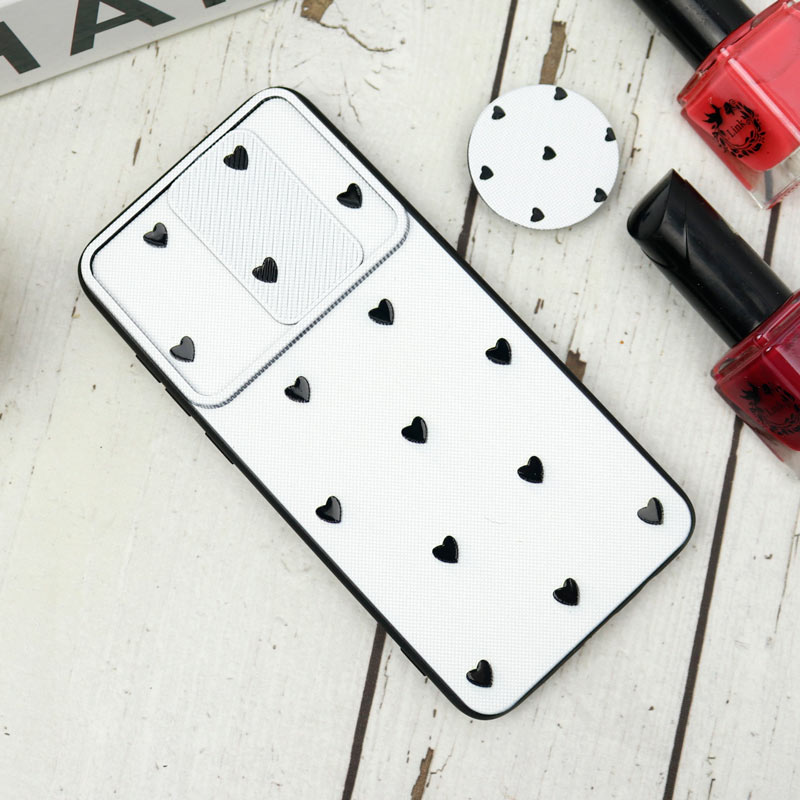 قاب طرحدار محافظ لنزدار کشویی + پاپ سوکت طرح قلب مشکی شیائومی Redmi Note 8 Pro سری B