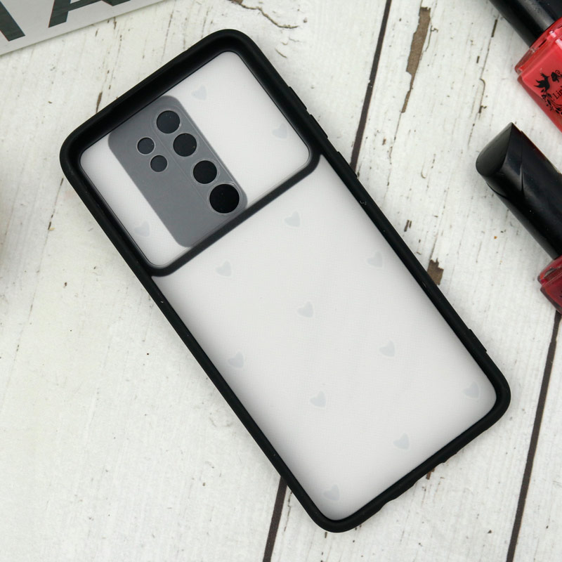 قاب طرحدار محافظ لنزدار کشویی + پاپ سوکت طرح قلب مشکی شیائومی Redmi Note 8 Pro سری B