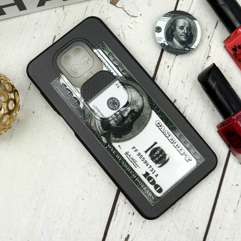 قاب طرحدار محافظ لنزدار کشویی + پاپ سوکت طرح دلار شیائومی Redmi Note 9s / Note 9 Pro سری B