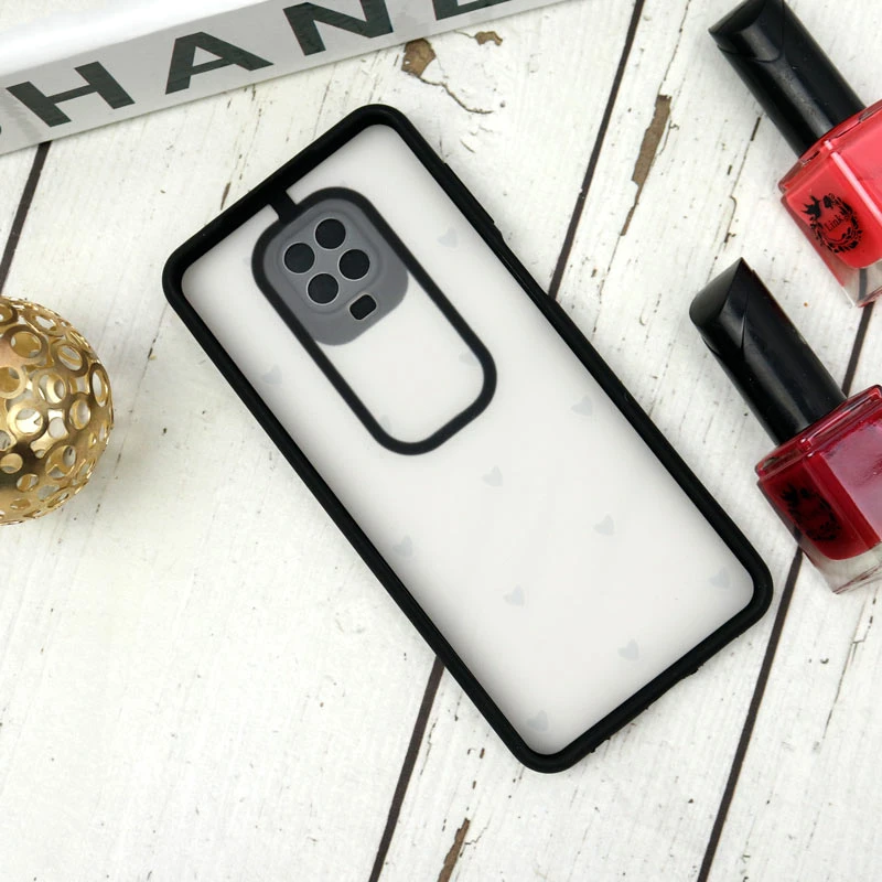 قاب طرحدار محافظ لنزدار کشویی + پاپ سوکت طرح قلب مشکی شیائومی Redmi Note 9s / Note 9 Pro سری B