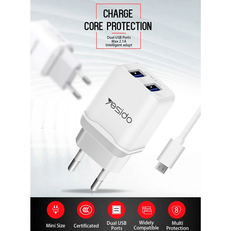 شارژر دیواری Yesido YC12 2Port 2.1A + کابل میکرو یو اس بی