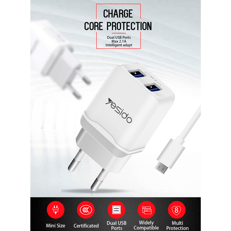 شارژر دیواری Yesido YC12 2Port 2.1A + کابل میکرو یو اس بی