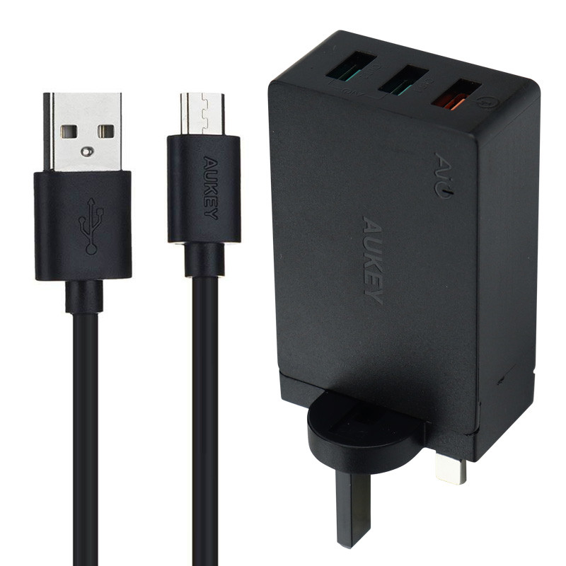 شارژر دیواری فست شارژ Aukey PA-T14 3Port QC3 3A 42W + کابل میکرو یو اس بی
