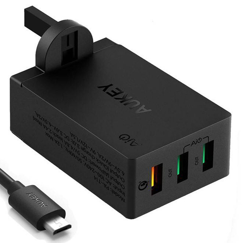 شارژر دیواری فست شارژ Aukey PA-T14 3Port QC3 3A 42W + کابل میکرو یو اس بی