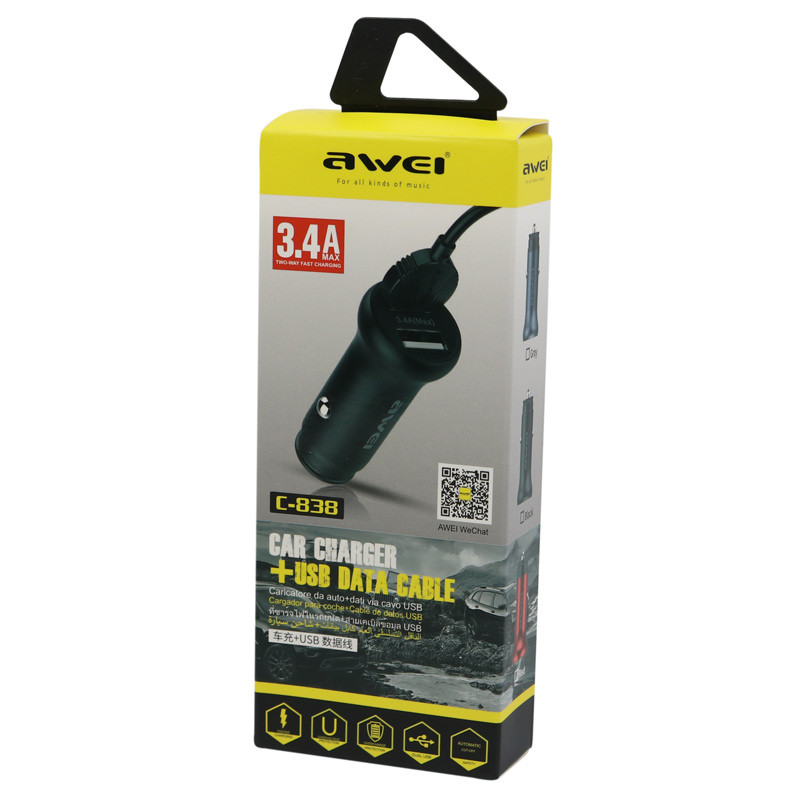 شارژر فندکی فست شارژ Awei C-838 3.4A + کابل میکرو یو اس بی