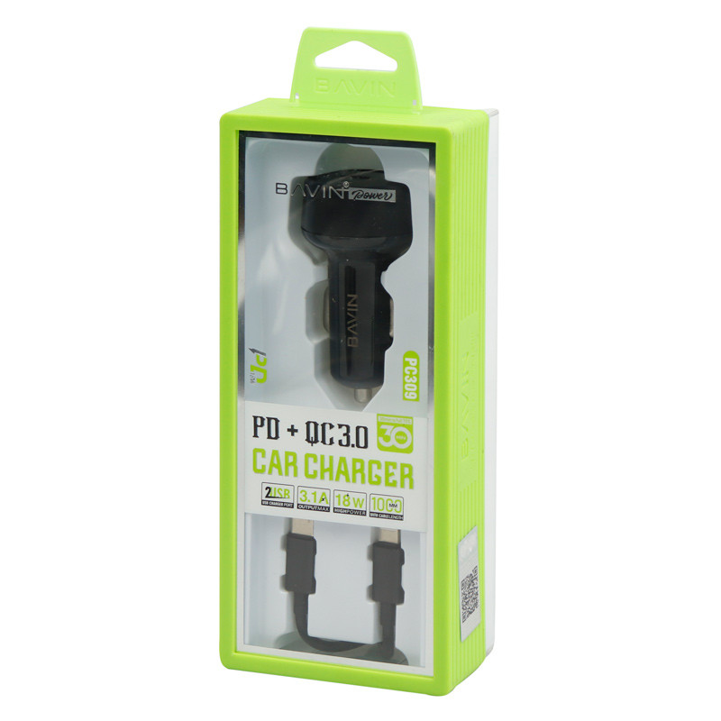 شارژر فندکی فست شارژ Bavin PC309 QC3.0 3.1A PD 18W + کابل آیفونی