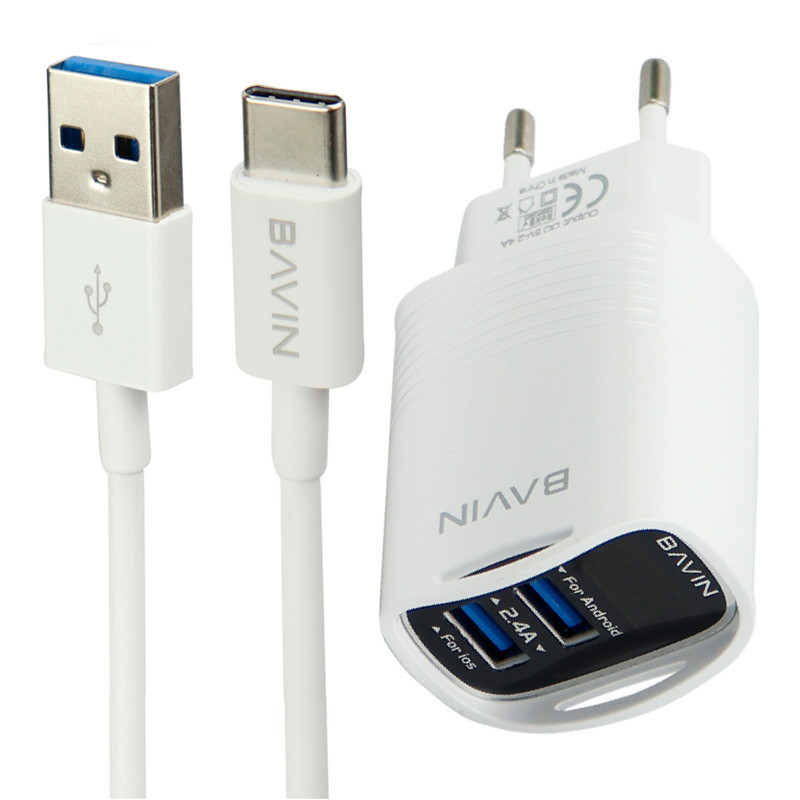 شارژر دیواری Bavin PC317Y 2Port 2.4A + کابل Type-C