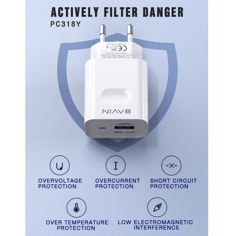 شارژر دیواری Bavin PC318Y 2.4A + کابل آیفونی