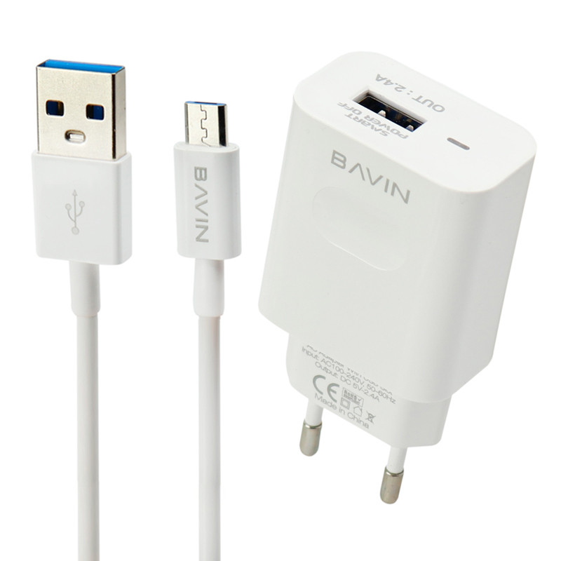 شارژر دیواری Bavin PC318Y 2.4A + کابل میکرو یو اس بی