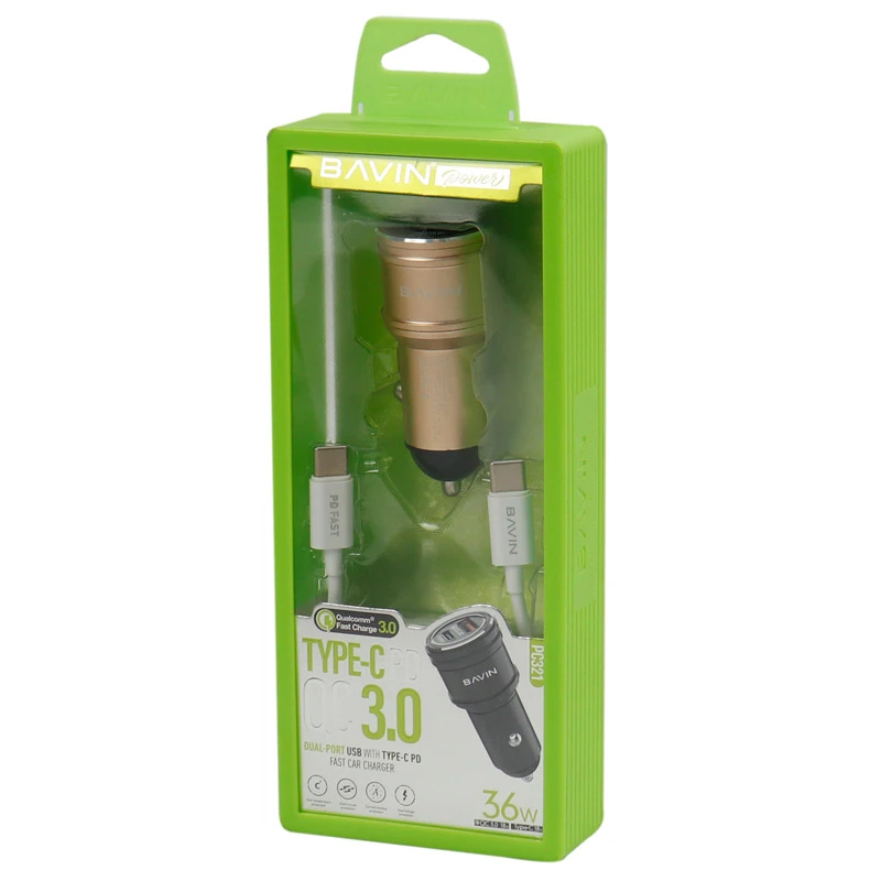 شارژر فندکی فست شارژ Bavin PC321 QC3.0 3.1A PD 36W + کابل تایپ سی