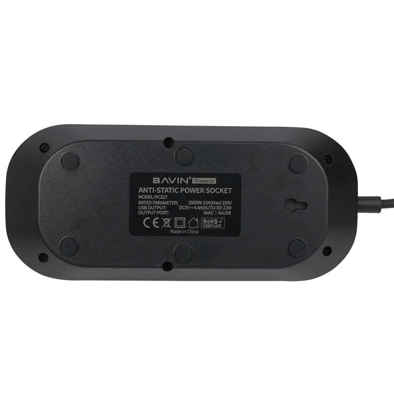 چند راهی 6 خانه برق ارت دار Bavin PC327 با کابل 2 متری + شارژر USB