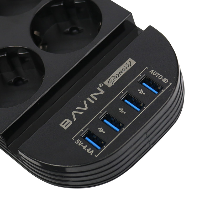 چند راهی 6 خانه برق ارت دار Bavin PC327 با کابل 2 متری + شارژر USB