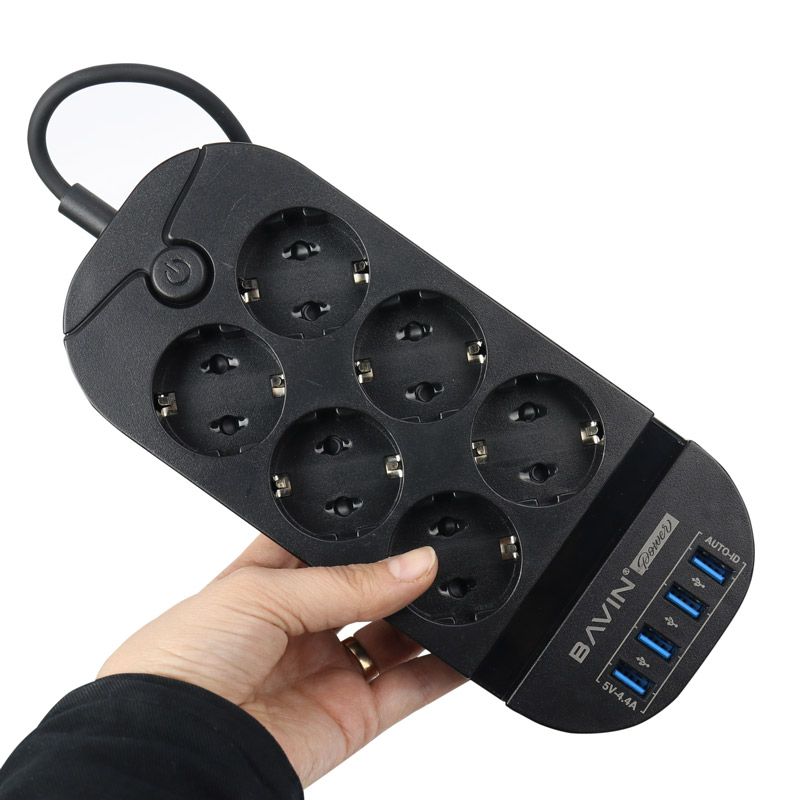 چند راهی 6 خانه برق ارت دار Bavin PC327 با کابل 2 متری + شارژر USB