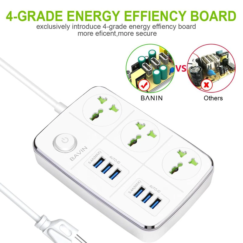 چند راهی 3 خانه ارت دار باوین PC588 با کابل 1.5 متری + شارژر USB