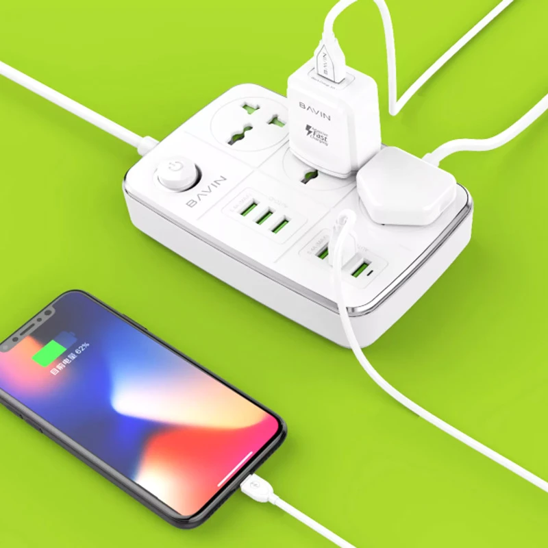 چند راهی 3 خانه ارت دار باوین PC588 با کابل 1.5 متری + شارژر USB