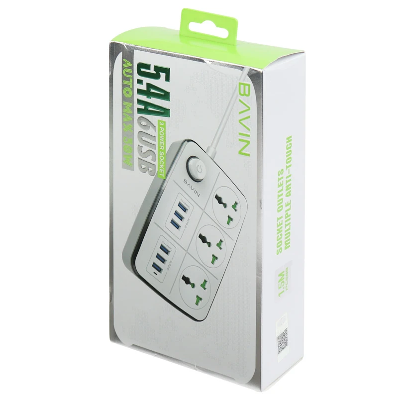 چند راهی 3 خانه ارت دار باوین PC588 با کابل 1.5 متری + شارژر USB