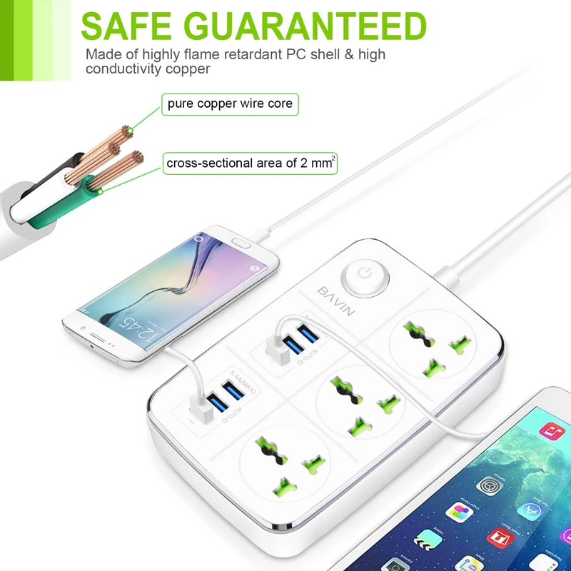چند راهی 3 خانه ارت دار باوین PC588 با کابل 1.5 متری + شارژر USB