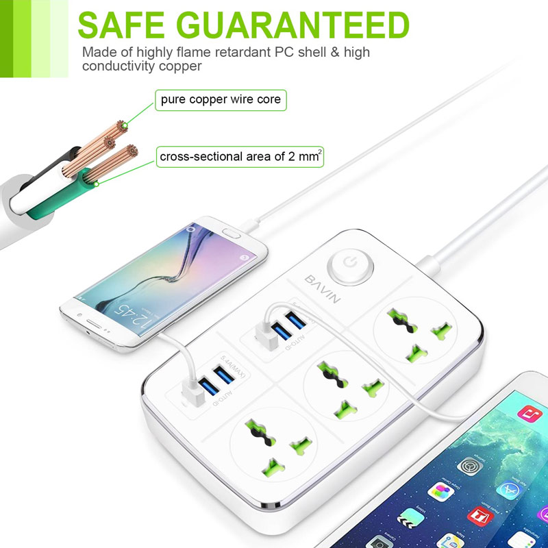 چند راهی 3 خانه برق ارت دار باوین PC588 با کابل 1٫5 متری + شارژر USB