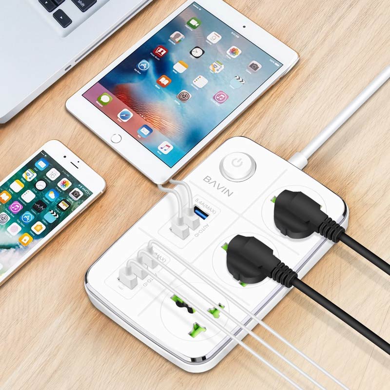 چند راهی 3 خانه برق ارت دار باوین PC588 با کابل 1٫5 متری + شارژر USB