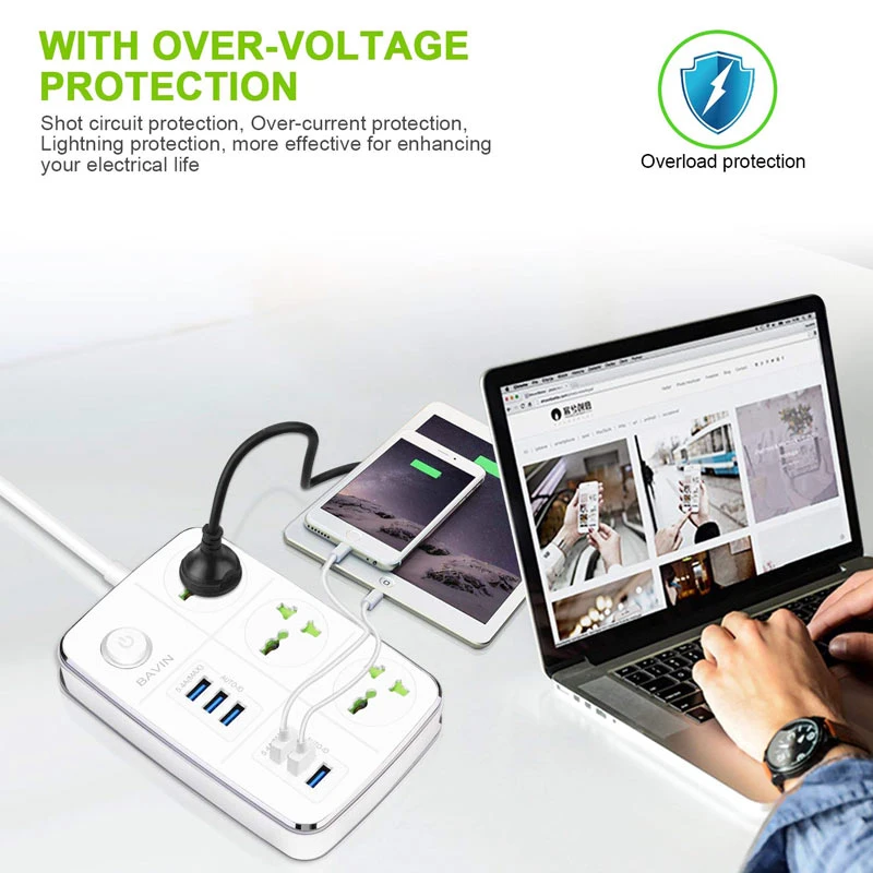 چند راهی 3 خانه ارت دار باوین PC588 با کابل 1.5 متری + شارژر USB