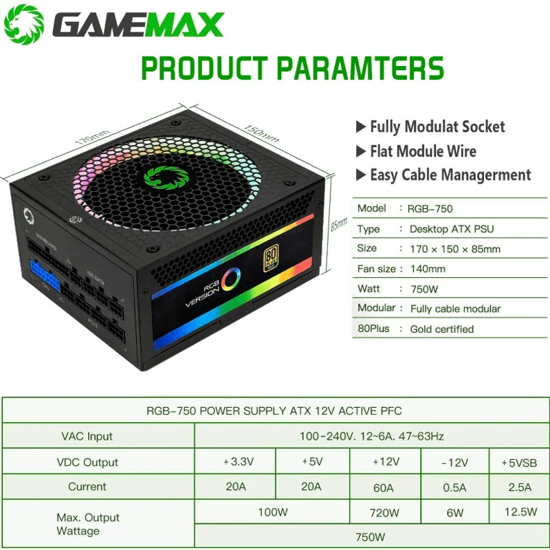 پاور ماژولار 750 وات گیم مکس GameMax RGB750 Rainbow Gold