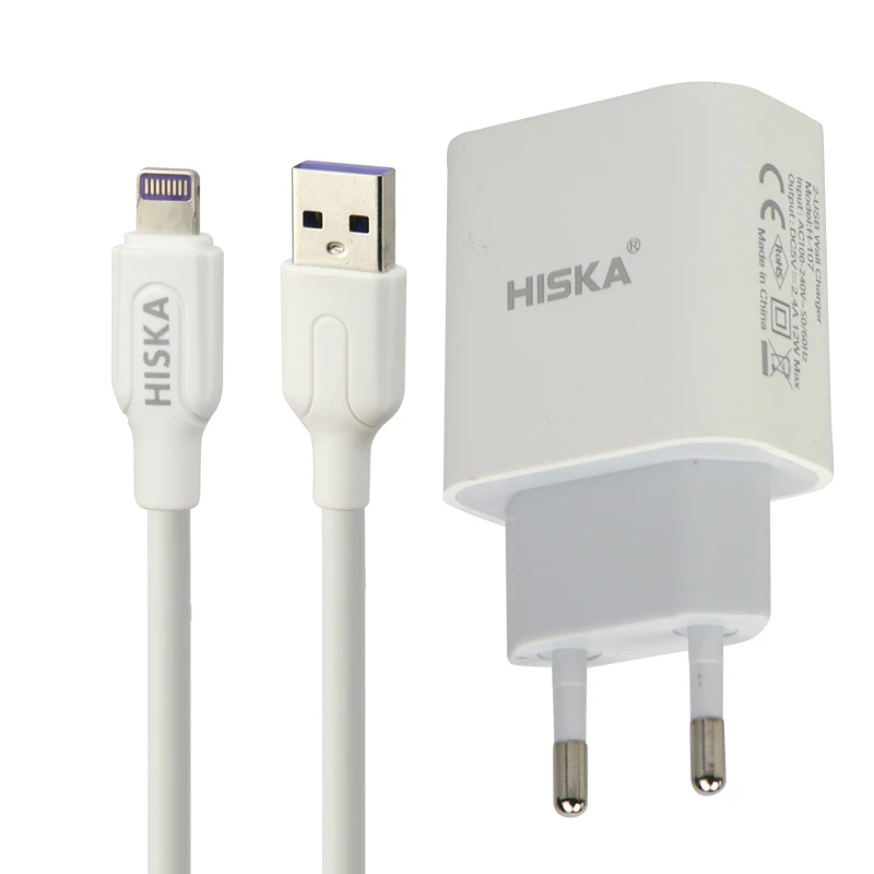 شارژر دیواری فست شارژ Hiska H107 2Port 2.4A 12W + کابل آیفونی
