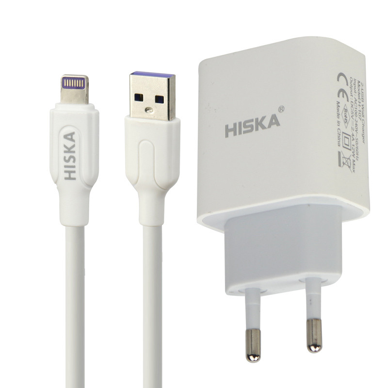 شارژر دیواری فست شارژ Hiska H107 2Port 2.4A 12W + کابل آیفونی