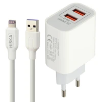 شارژر دیواری فست شارژ Hiska H107 2Port 2.4A 12W + کابل آیفونی