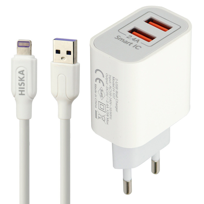 شارژر دیواری فست شارژ Hiska H107 2Port 2.4A 12W + کابل آیفونی