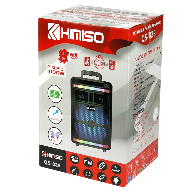 اسپیکر چمدانی بلوتوثی رم و فلش خور Kimiso QS-828 + میکروفون و ریموت کنترل