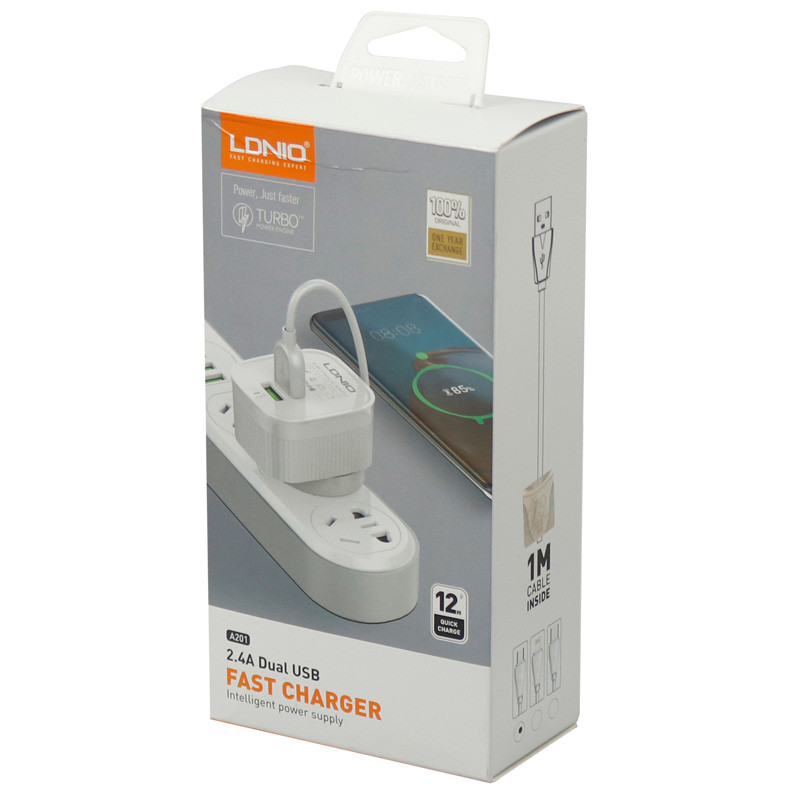 شارژر دیواری فست شارژ LDNIO A201 2.4A 12W + کابل میکرو یو اس بی و تبدیل EU