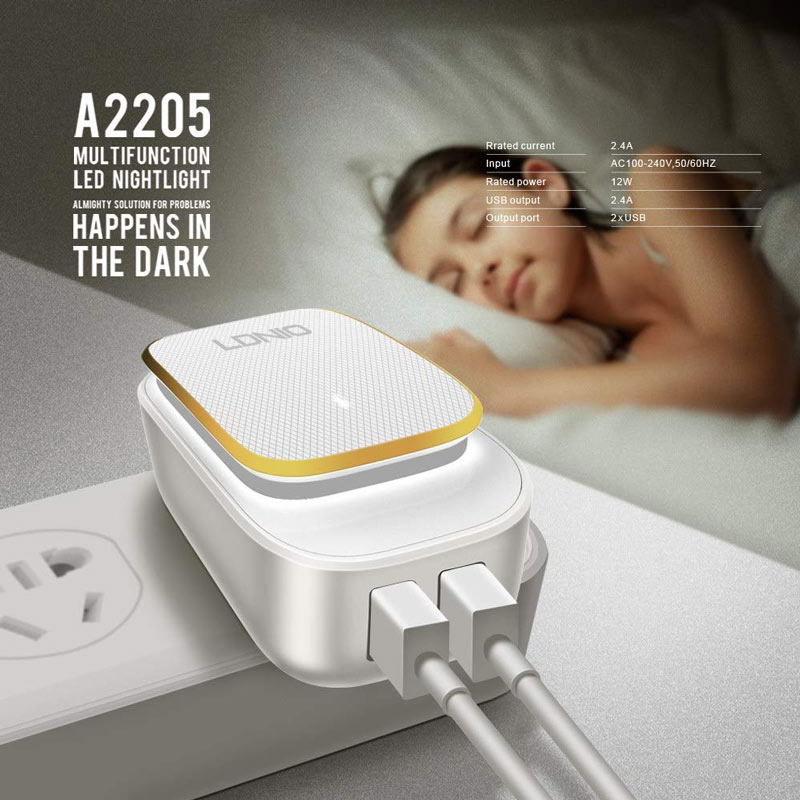 شارژر دیواری فست شارژ و چراغ خواب LDNIO A2205 2Port 2.4A + کابل میکرو یو اس بی و تبدیل EU