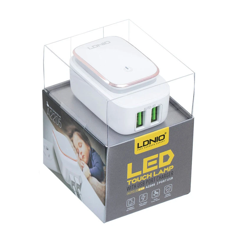 شارژر دیواری فست شارژ و چراغ خواب LDNIO A2205 2Port 2.4A + کابل میکرو یو اس بی و تبدیل EU