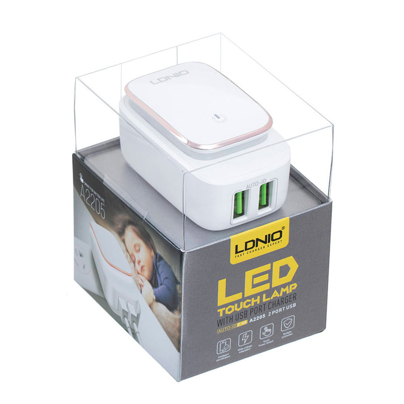 شارژر دیواری فست شارژ و چراغ خواب LDNIO A2205 2Port 2.4A + کابل میکرو یو اس بی و تبدیل EU