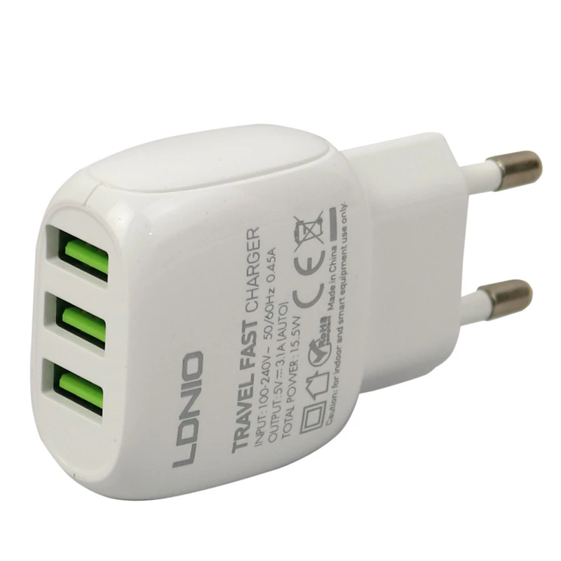 شارژر دیواری فست شارژ LDNIO A3315 3Port 3.1A 15.5W + کابل میکرو یو اس بی