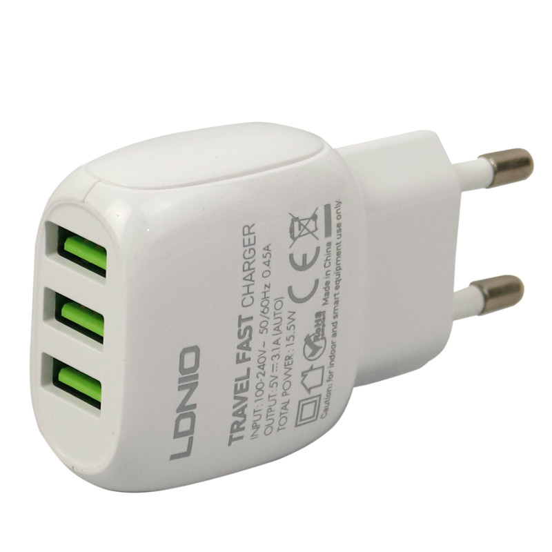شارژر دیواری فست شارژ LDNIO A3315 3Port 3.1A 15.5W + کابل میکرو یو اس بی