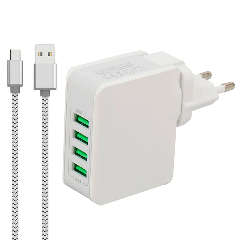 شارژر دیواری LDNIO A4403 4Port 4.4A 22W + کابل میکرو یو اس بی و تبدیل EU