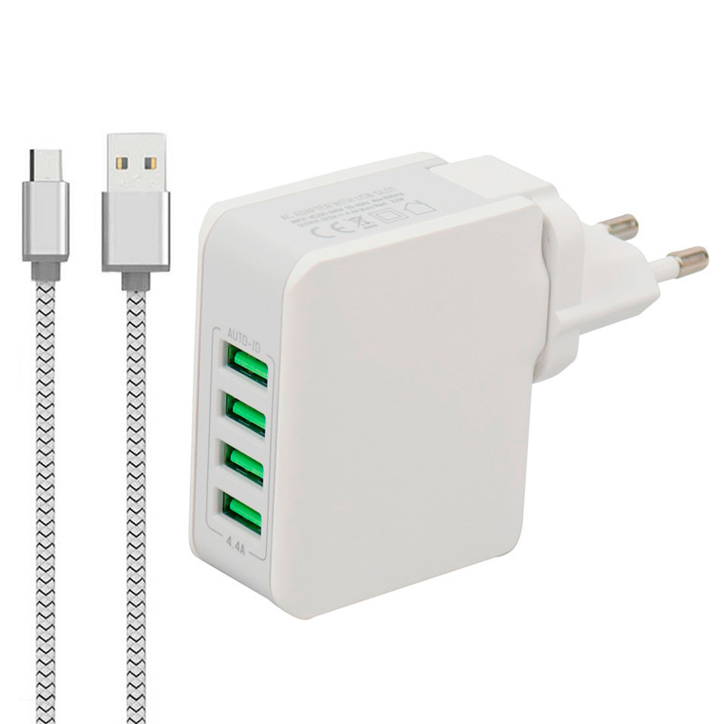 شارژر دیواری LDNIO A4403 4Port 4.4A 22W + کابل میکرو یو اس بی و تبدیل EU
