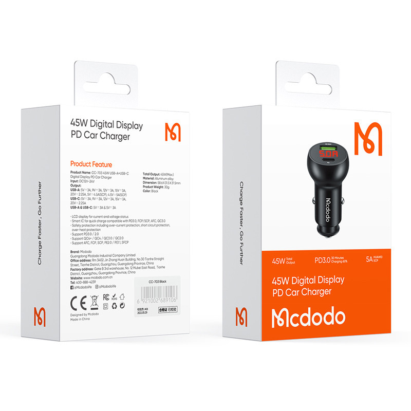 شارژر فندکی فست شارژ Mcdodo CC-703 QC4.0 PD 45W