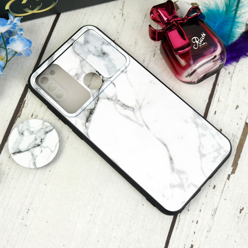 قاب طرحدار محافظ لنزدار کشویی + پاپ سوکت طرح سنگی سفید سامسونگ A11 سری C