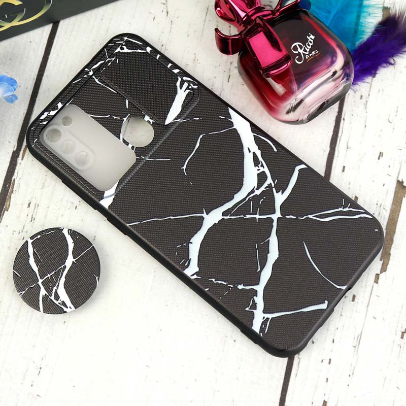 قاب طرحدار محافظ لنزدار کشویی + پاپ سوکت طرح سنگی مشکی سامسونگ A11 سری C