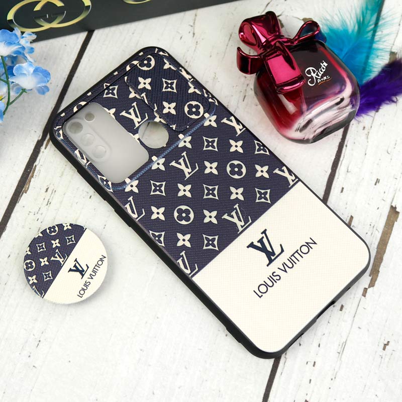 قاب طرحدار محافظ لنزدار کشویی + پاپ سوکت طرح LV سامسونگ A11 سری C