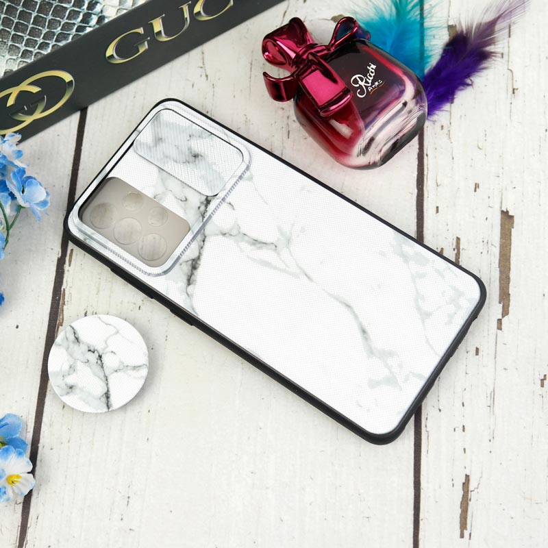 قاب طرحدار محافظ لنزدار کشویی + پاپ سوکت طرح سنگی سفید سامسونگ Samsung Galaxy A52 / A52s سری C