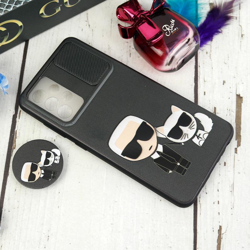 قاب طرحدار محافظ لنزدار کشویی + پاپ سوکت طرح Boss Cat سامسونگ Samsung Galaxy A52 / A52s سری C