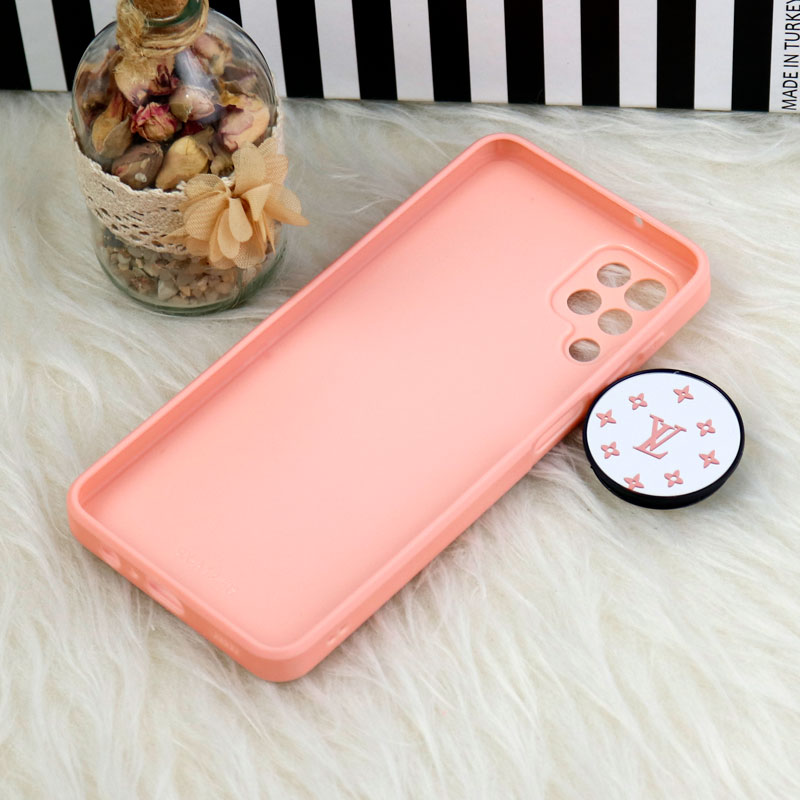 قاب محافظ لنزدار آینه ای + پاپ سوکت طرح LV صورتی Samsung Galaxy A12