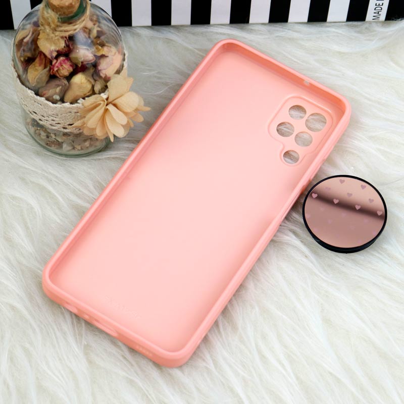 قاب محافظ لنزدار آینه ای + پاپ سوکت طرح قلب صورتی Samsung Galaxy A12